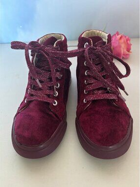 Burgundy Velvet High Top Sneakers with Glitter Laces